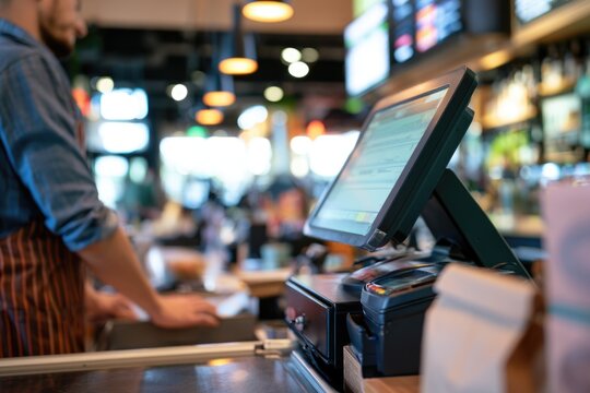 A barista wearing an apron works behind a counter with a touchscreen POS system in a modern cafe or bar setting.