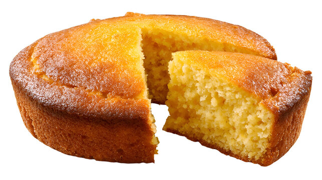 Freshly baked cornbread loaf with a golden crust and moist crumb, sliced to reveal its soft texture, isolated on a white background.