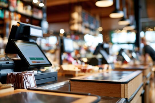 A modern coffee shop counter with a point-of-sale system, wooden trays, and blurred background of shelves and customers.