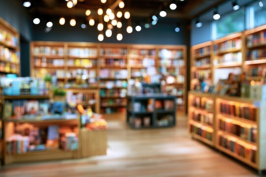 A cozy, warmly-lit bookstore interior with wooden floors, bookshelves filled with books, and modern hanging lights creating a welcoming atmosphere.