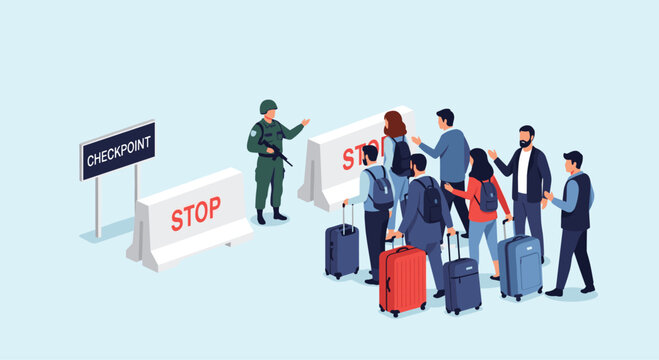 Scene depicting a diverse group of travelers with suitcases being stopped at a military checkpoint with stop barriers and an armed soldier on guard.