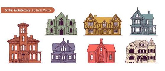 Fototapeta premium Gothic house vector illustration set featuring historic Victorian mansions, medieval castle buildings, Tudor cottages, and retro European classic architecture facades graphic design elements.