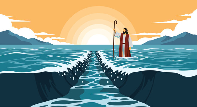 Biblical scene of Moses parting the waters of the Red Sea to create a path for his people under a bright golden sunset.