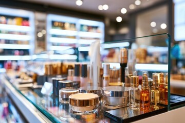 Fototapeta premium A sleek cosmetics display showcases various skincare and beauty products in a bright, modern retail environment.
