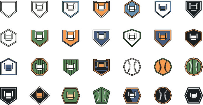 Baseball Field and Diamond Badge Icon Set featuring Stadium Layouts Home Plate Shapes Sport Balls and Championship Team Logos for Softball Tournament Branding Designs