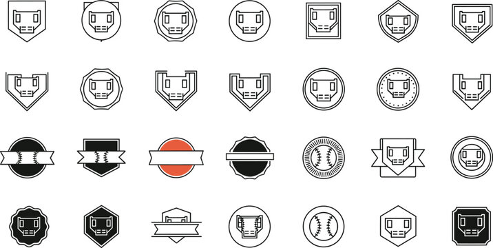 Baseball Field and Stadium Diamond Line Icon Set featuring Home Plate Shapes Championship Badges Ribbon Banners and Softball Team Emblem Outlines for Sports Branding Designs