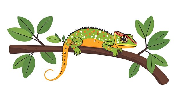 Colorful chameleon on a branch outdoors.