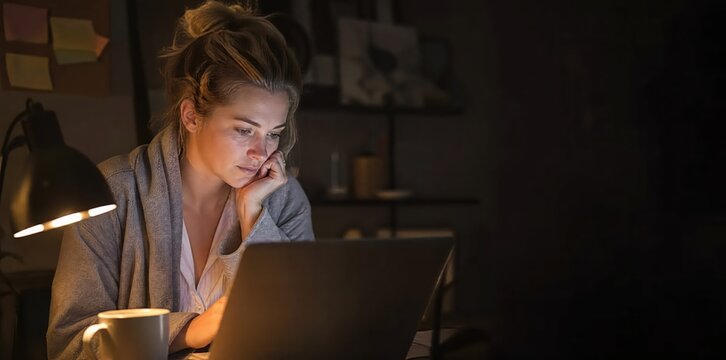 Generative AI, Exhausted woman working late on laptop at night indoors
