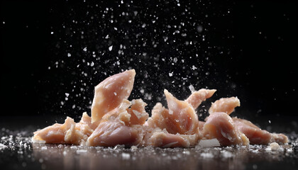 Fototapeta premium Chicken meat falls on a black wet table.