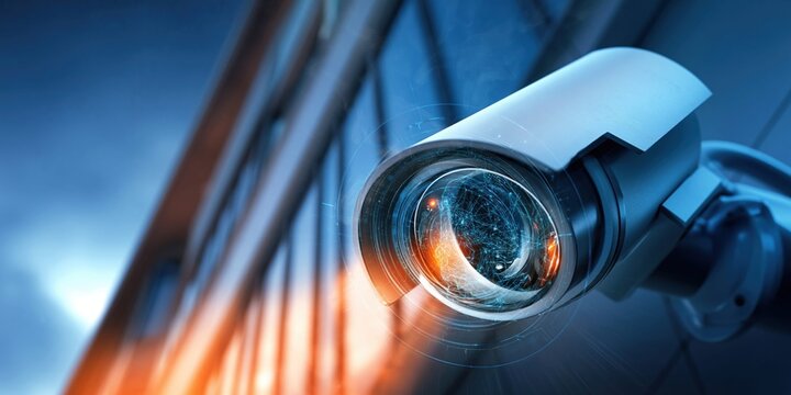 Close-up of a modern city CCTV security camera with digital network overlay