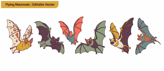 Obraz premium Flying bat vector illustration set with cute cartoon mammals isolated on white background. Colorful spooky halloween animals kit graphic elements, gothic wildlife mascot collection for sticker design.