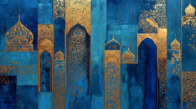 Abstract Blue and Gold Oriental Architectural Pattern