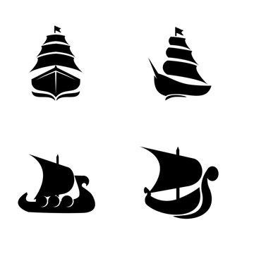 Sailing Ship and Boat Silhouettes Vector Icons Set