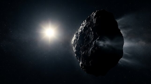 Large rocky asteroid drifting through deep space near a bright star