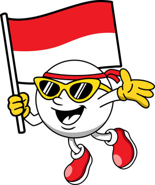 mascot character holding indonesian flag