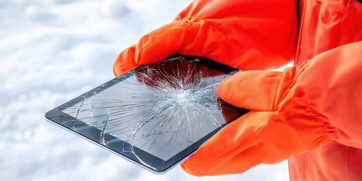 Bright orange winter gloves hold a tablet with a severely cracked screen in the snow