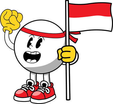cartoon retro character waving indonesian flag illustration