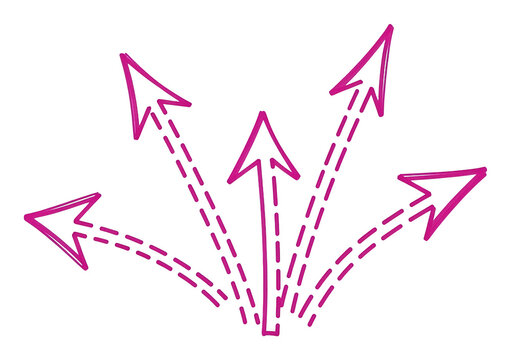Hand-drawn vibrant pink dashed arrows pointing in five different directions isolated transparent background image