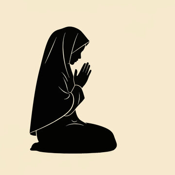 Side profile silhouette of a woman wearing a traditional Islamic hijab and abaya kneeling in prayer with hands raised, set against a plain light background, symbolizing faith.