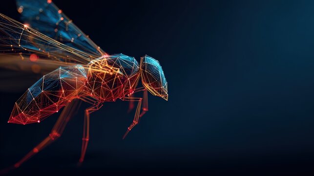 A futuristic, glowing bee composed of digital wireframe and illuminated particles hovers against a dark, abstract background. ..Created with Generative AI, not depicting real subjects.