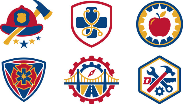 Collection of various colorful emblems and logos for different professions and services