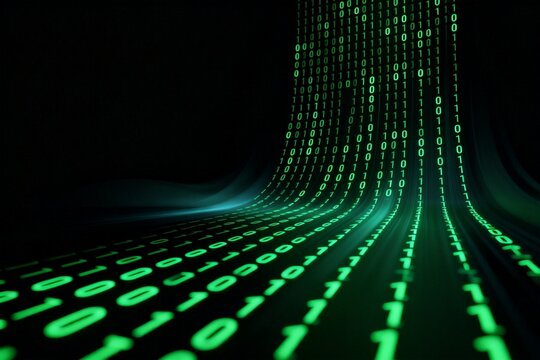 Digital Binary Code Flow on Dark Background