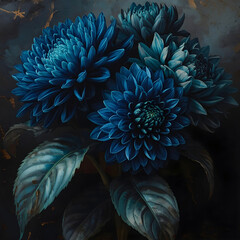Beautiful lush cluster of moody blue dahlia flowers with intricate petals and dark green foliage, elegant fine art botanical photography background © iamdiniharyati
