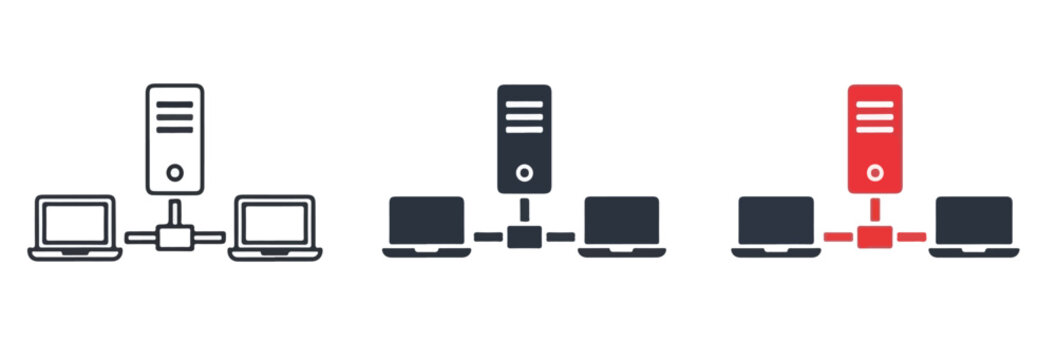 Computer network server vector icon set: Clipart, sticker - icon set - Line and glyph solid icon and logo template 