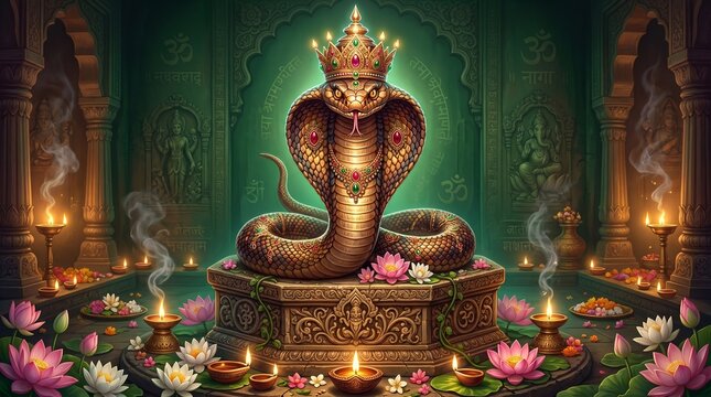 Nag Panchami Celebration with Sacred Cobra Adorned in Glowing Ornaments and Pink Lotus Flowers on Dark Green Gradient Background
