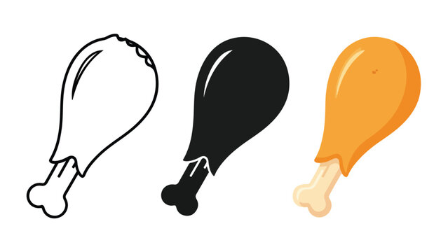 Fried chicken drumstick vector icon set: Icon set - Minimalist, flat icon, outline, glyph, linear, clipart, sticker 