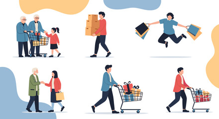 Fototapeta premium Diverse shoppers engaged in various retail activities like pushing carts, carrying bags, and shaking hands at a store.
