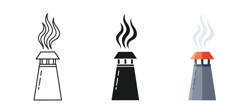 Industrial chimney smoke vector icons: Icon set - Minimalist, flat icon, outline, glyph, linear, clipart, sticker 
