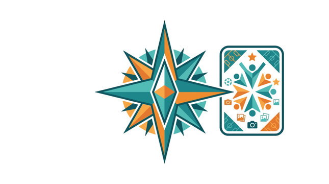 Flat vector illustration of a stylized geometric compass rose in teal and orange alongside a rectangular graphic containing silhouettes of people, sports field motifs, and camera icons.