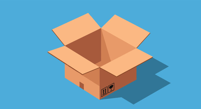 Open empty cardboard delivery box with flaps out casts a long shadow on a solid blue surface in an isometric perspective view.