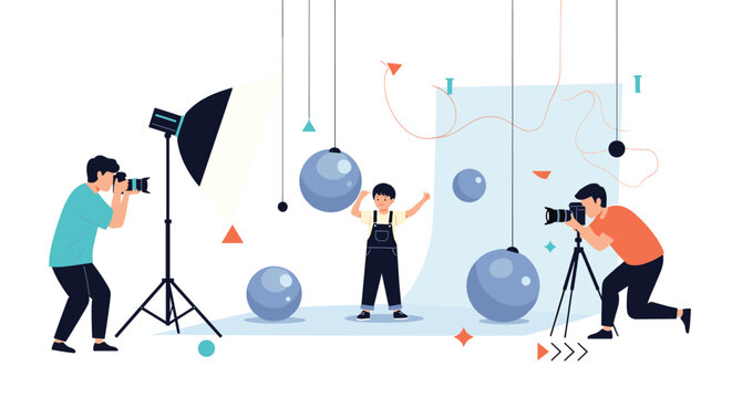 Professional photo studio scene with a child model posing among blue spheres while two photographers take pictures.
