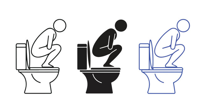 Person squatting on toilet icon set: Icon set - Minimalist, flat icon, outline, glyph, linear, clipart, sticker 