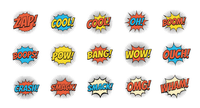 Collection of colorful comic book speech bubbles featuring classic action words like boom, crash, and bang on rays.