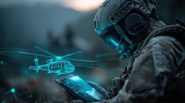 A soldier wearing a futuristic helmet and tactical gear examines a holographic projection of a helicopter on a tablet. ..Created with Generative AI, not depicting real subjects.