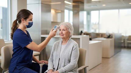 Obraz premium Nurse measuring senior woman temperature with infrared thermometer