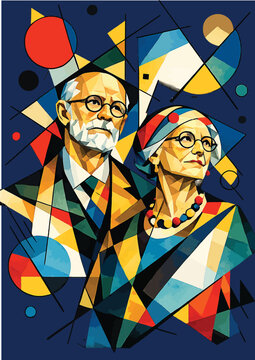 087-41-Abstract cubism portrait showing sigmund freud and an older woman in geometric shapes and colors