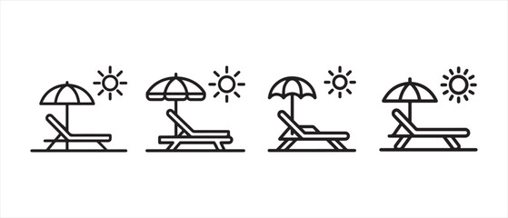 Set of beach lounge chair and sun umbrella line icons for summer vacation travel design elements. © Safali