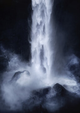 View of Haifoss waterfall crashing into a rocky pool with thick mist and spray rising against dark cliffs Skeida- og Gnupverjah, Iceland.