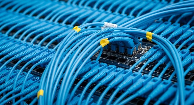 Blue ethernet cables connected to a network switch with yellow and white labels