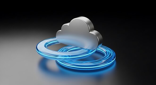 3d rendered cloud computing icon with blue glowing circle on dark background