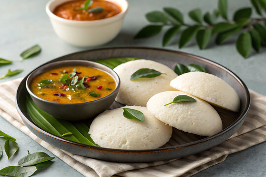 Photorealistic idli with chutney and curry leaves, South Indian breakfast style