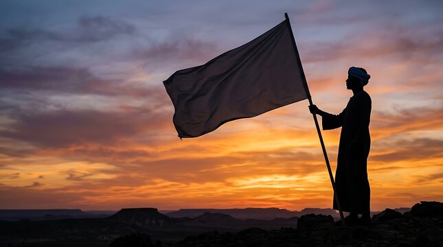Silhouette of a man holding a white flag at sunset