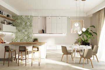 Fototapeta premium Scandinavian Apartment Interior 3D Render with Light Natural Colors, Minimalist Design, Wooden Accents, Bright Open Space Living Room, Kitchen and Bedroom Contemporary Home Concept