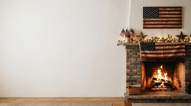 American flags decorating a rustic brick fireplace with burning fire
