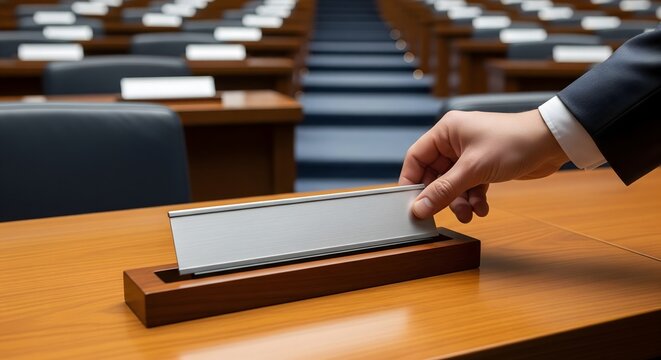Hand placing blank nameplate on conference table in meeting room