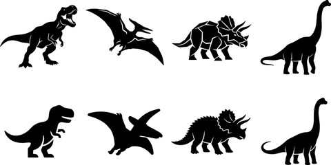 Dinosaurs Black Silhouette Vector Set Featuring Tyrannosaurus Rex Pterodactyl Triceratops Brachiosaurus and Prehistoric Animal Graphic Icons © fulbabu